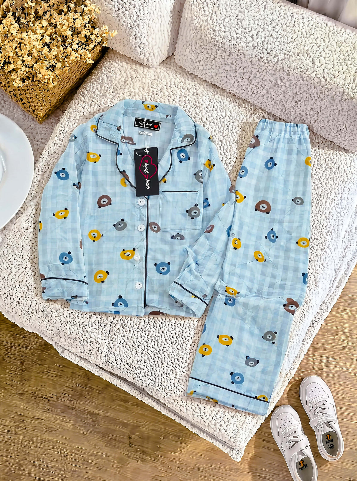 Kids Blue Cartoon Bear Printed Crinkled Cotton Night Suit