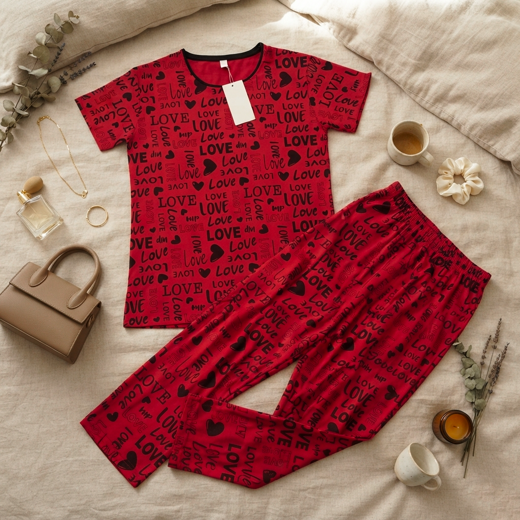 Red Biege Love Printed Night Suit