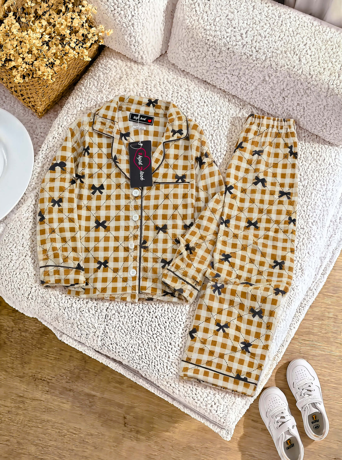 Kids Brown Checkered Printed Crinkled Cotton Night Suit