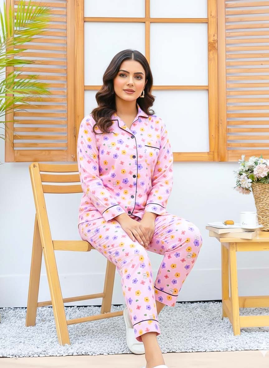 Imported Linen Printed Pink Multi Flower PJ Set-LP27