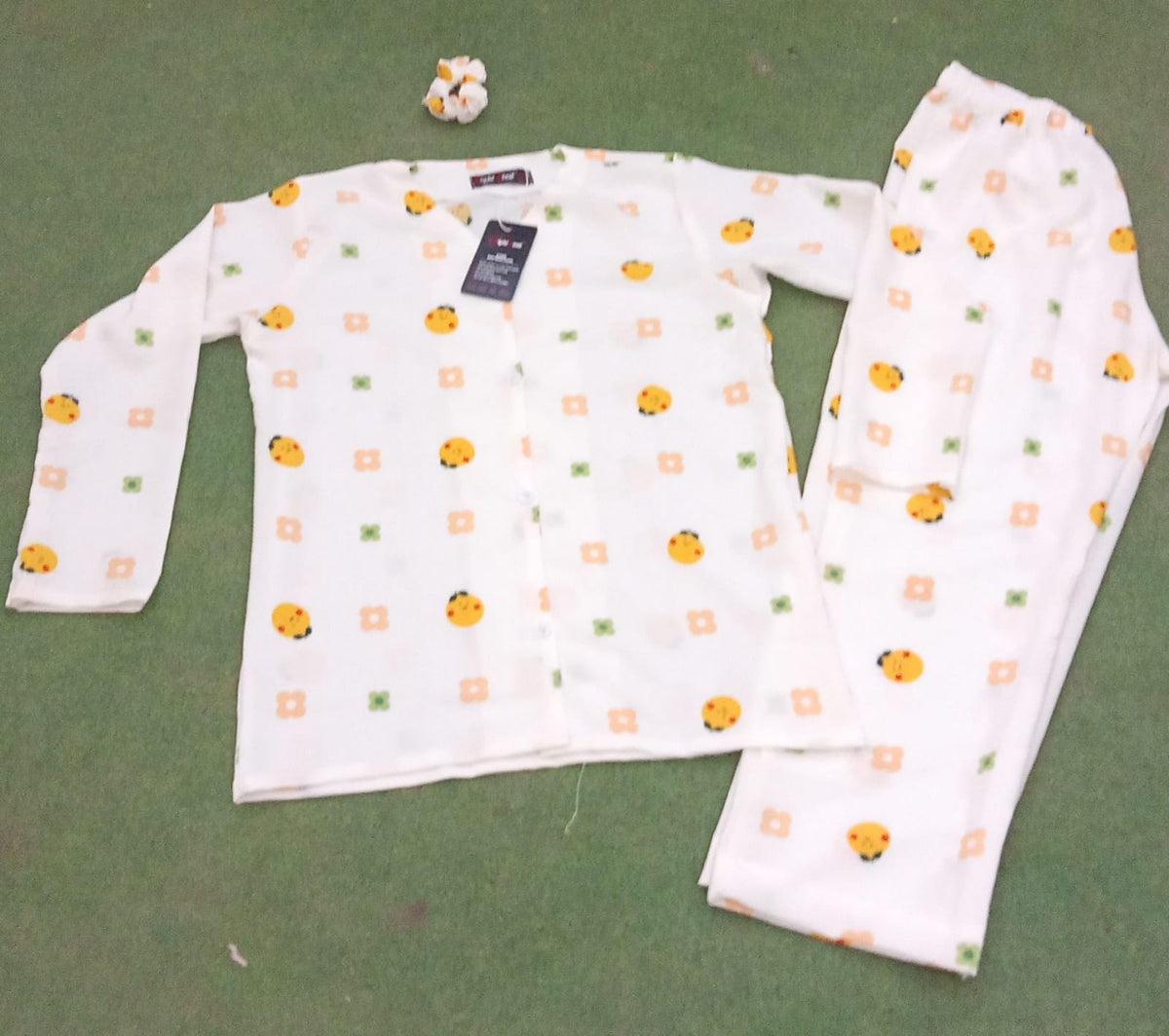Yellow Smiley Faces Printed Crinkled Cotton Night Suit