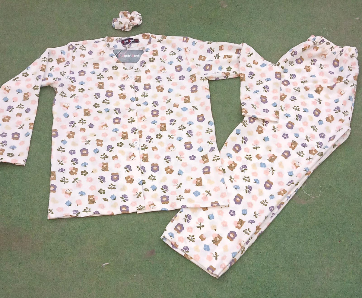Floral & Bear Printed Crinkled Cotton Night Suit