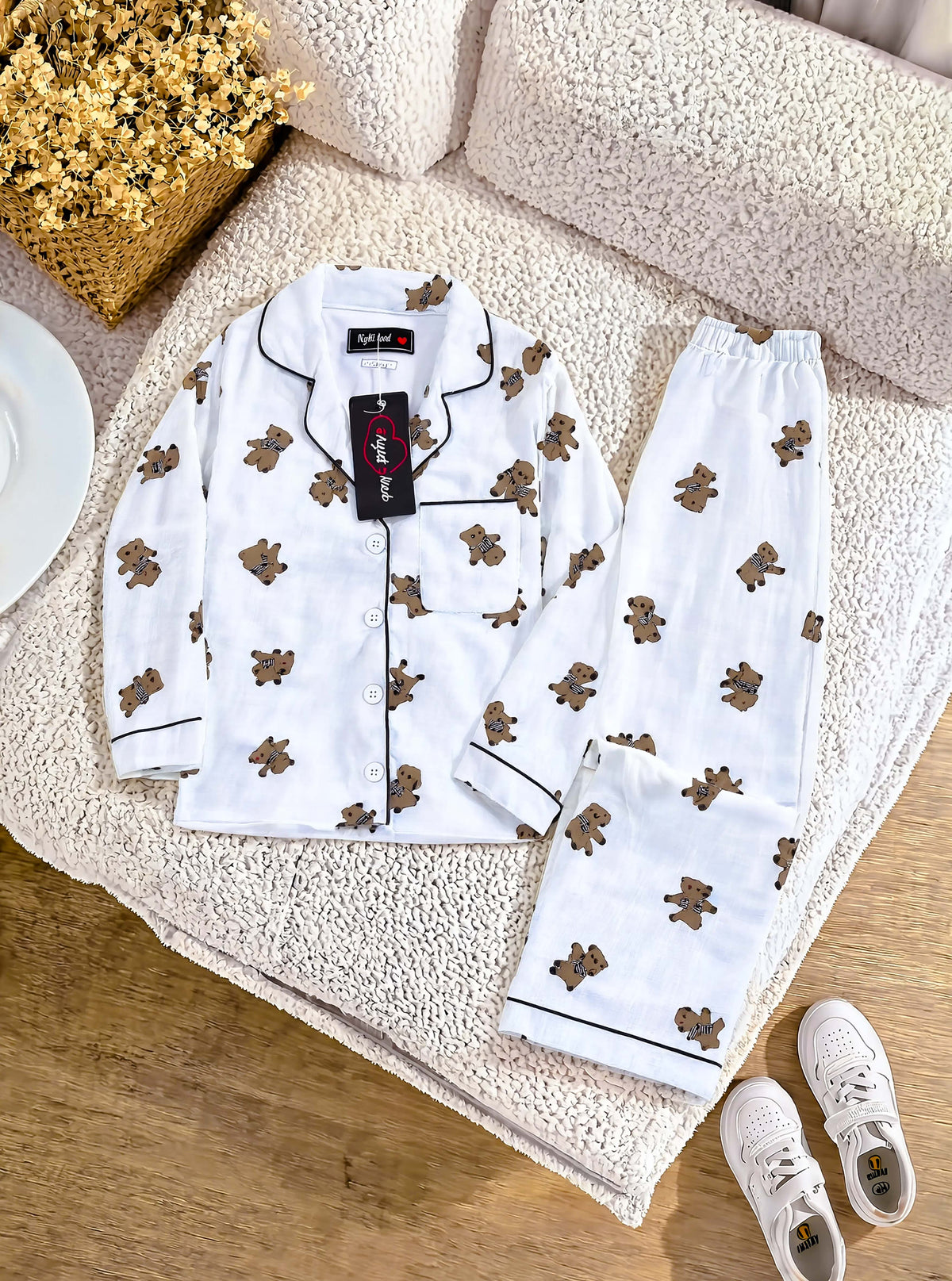 Kids Brown Teddy Bear Printed Crinkled Cotton Night Suit
