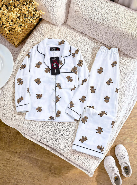 Kids Brown Teddy Bear Printed Crinkled Cotton Night Suit