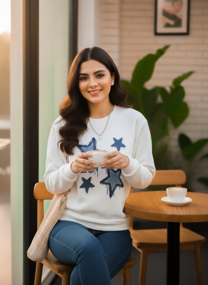 Winter Stars Printed White Sweatshirt
