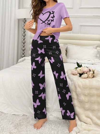 Purple Heart and Butterfly Printed Night Suit