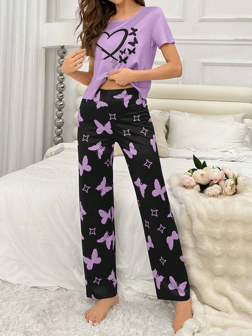 Heart and Butterfly Printed Night Suits