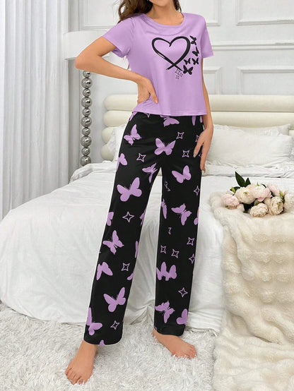 Heart and Butterfly Printed Night Suits