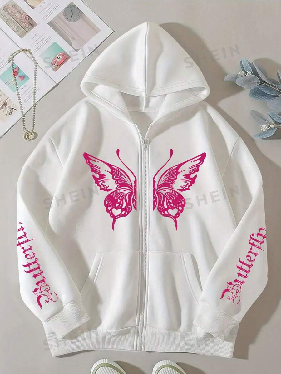 Pink Butterfly Printed Zipper Hoodie For Women