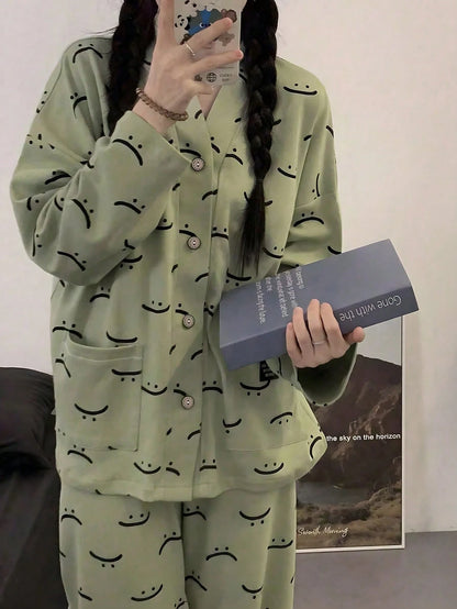 Green Emoji V-Neck Button Printed Night Suit