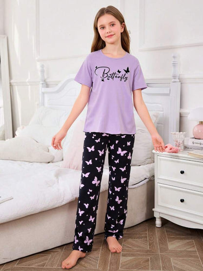 Purple Half Sleeve Butterfly Night Suit (7-16 Years)