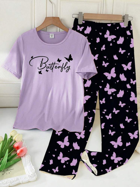 Purple Half Sleeve Butterfly Night Suit (7-16 Years)