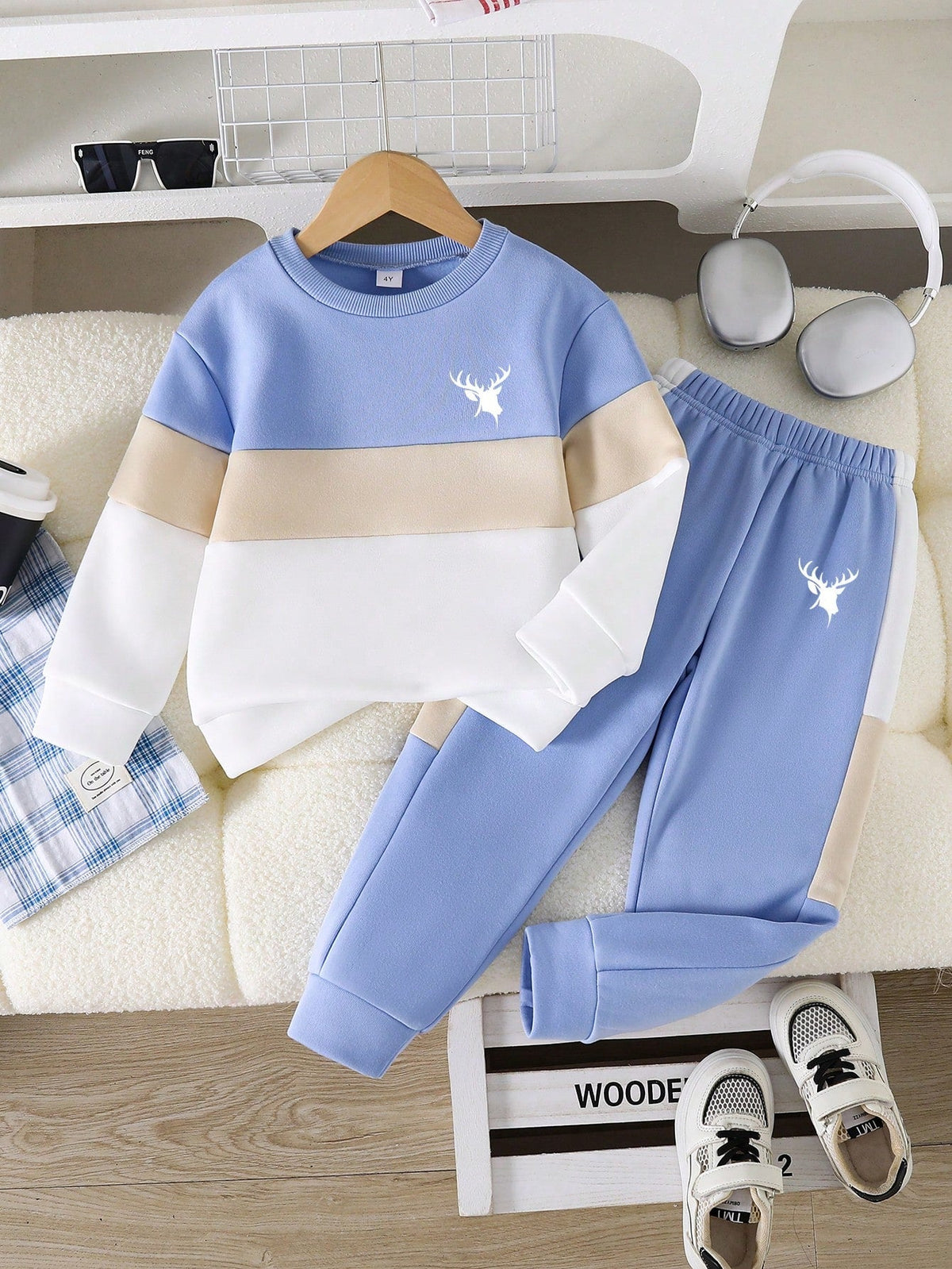 Sky Blue Panel Printed Kids Winter Suit
