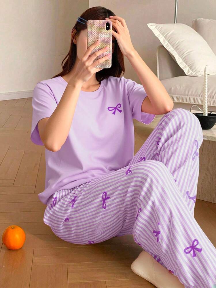 Purple Ribbon Printed Half Sleeve Night Suit (7-16 Years)