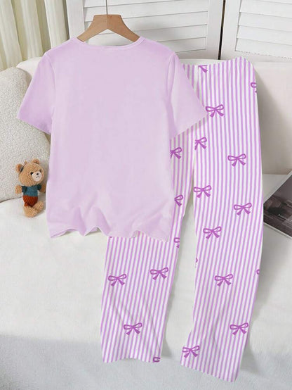 Purple Ribbon Printed Half Sleeve Night Suit (7-16 Years)