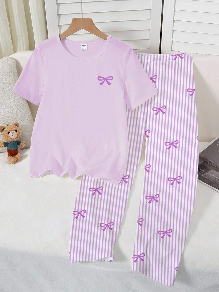 Purple Ribbon Printed Half Sleeve Night Suit (7-16 Years)