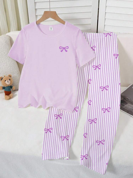 Purple Ribbon Printed Half Sleeve Night Suit (7-16 Years)