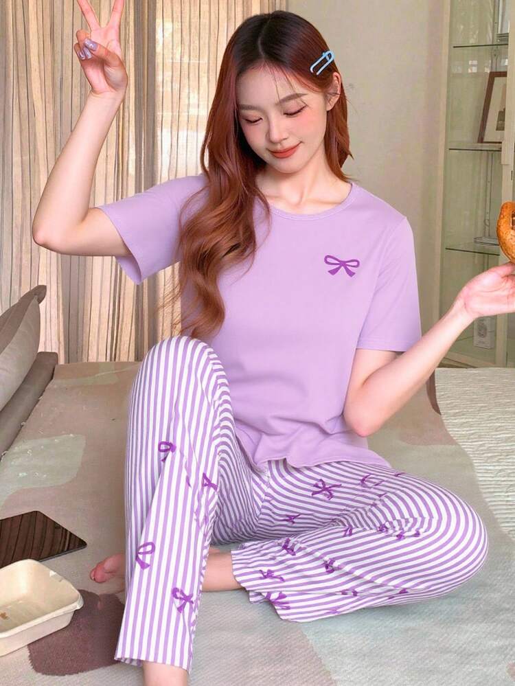 Purple Ribbon Printed Half Sleeve Night Suit (7-16 Years)