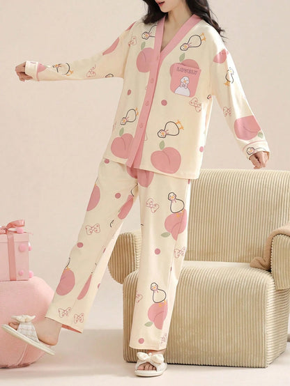 Pink Little Element V-Neck Button Printed Night Suit