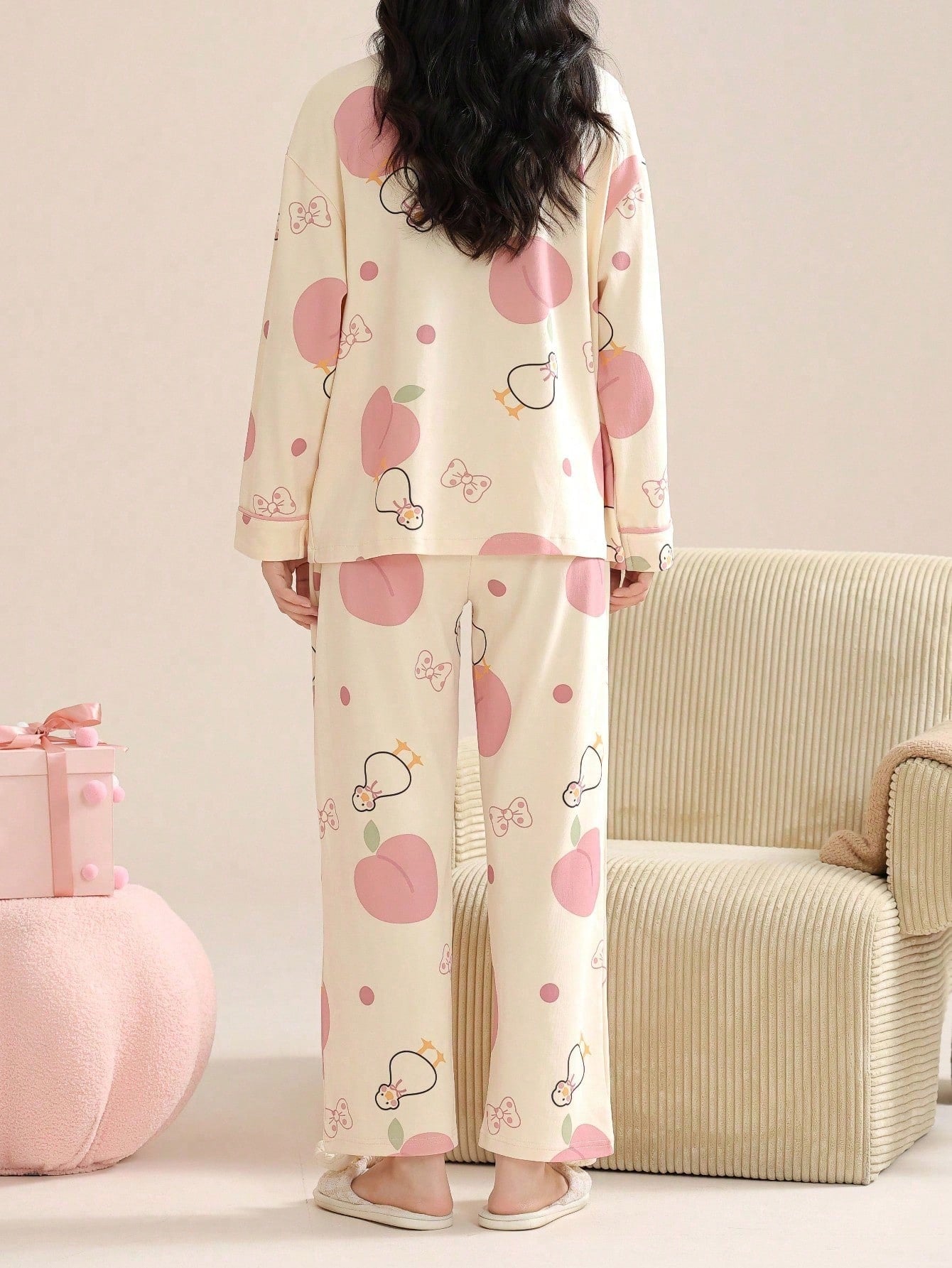 Pink Little Element V-Neck Button Printed Night Suit