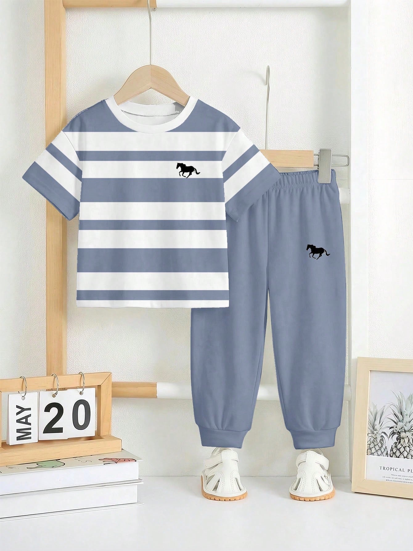 Grey Panel Horse Printed Half Sleeve Kids Suit