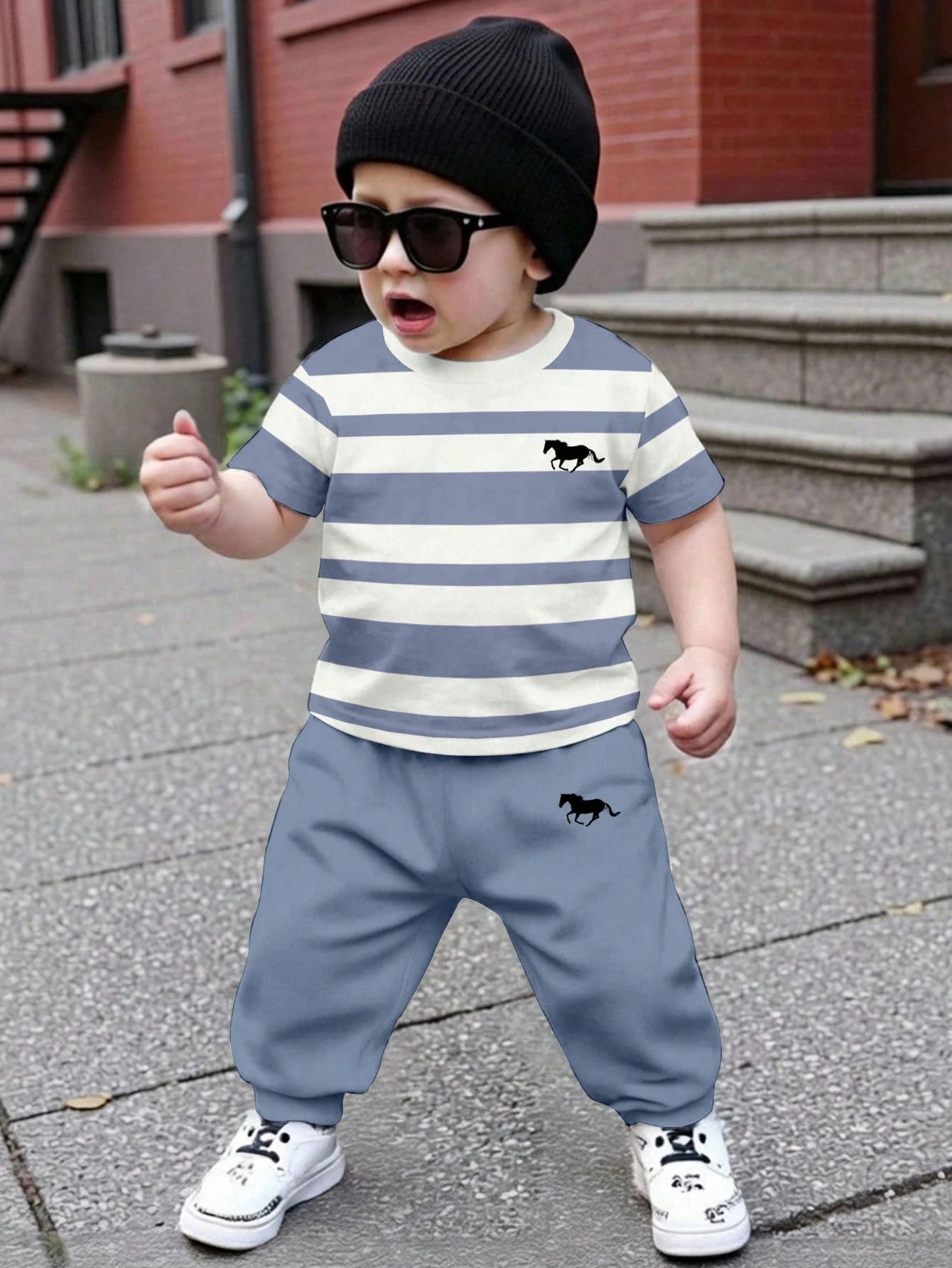 Grey Panel Horse Printed Half Sleeve Kids Suit