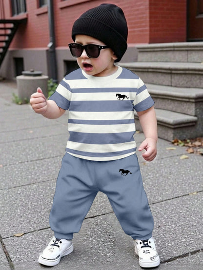 Grey Panel Horse Printed Half Sleeve Kids Suit