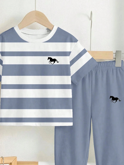 Grey Panel Horse Printed Half Sleeve Kids Suit