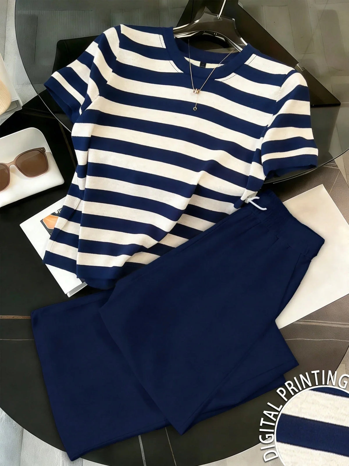 Navy Blue Stripe Printed Night Suit