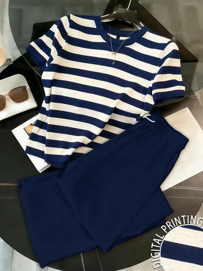 Navy Blue Stripe Printed Night Suit
