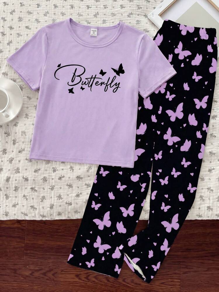 Purple Half Sleeve Butterfly Night Suit (7-16 Years)