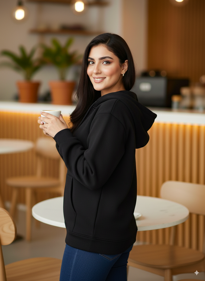Winter Black Basic Hoodie For Women