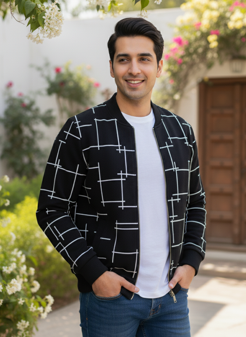 Winter Black Printed Zipper Jacket For Men