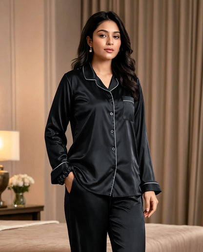 Black Satin Silk Pj Set