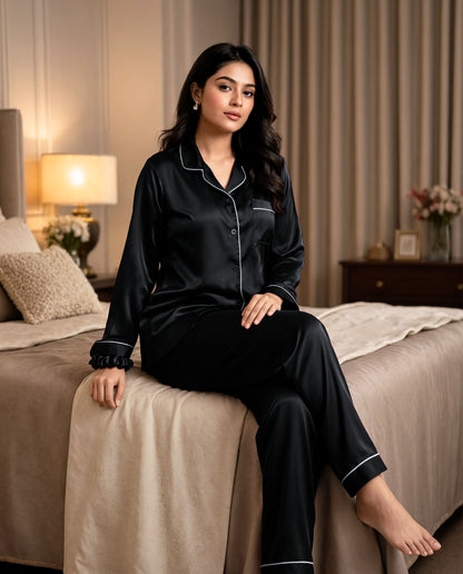 Black Satin Silk Pj Set