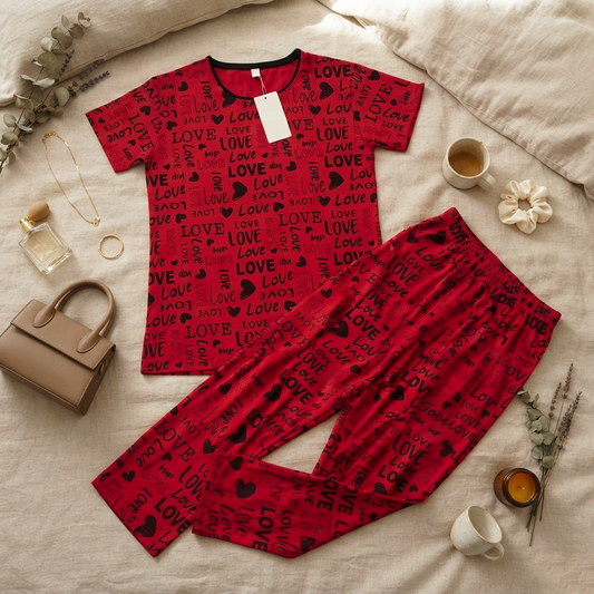 Red Biege Love Printed Night Suit