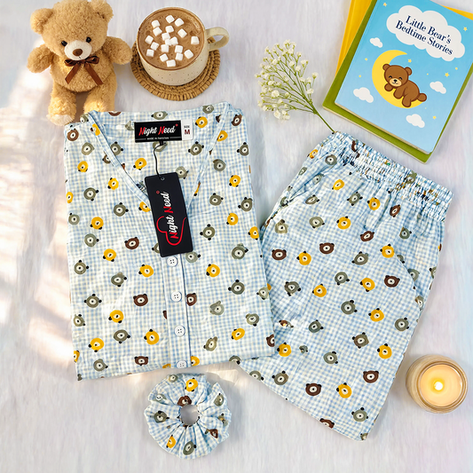 Blue Bear Printed Crinkled Cotton Night Suit