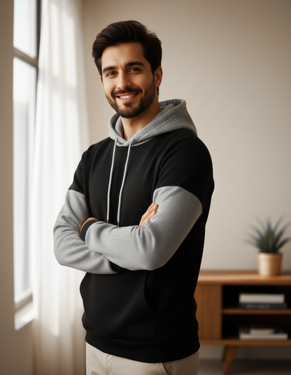 Winter Black With Grey Basic Hoodie For Men