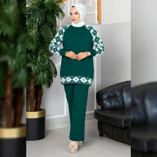 Winter Green Sunflower Printed Long Sleeves 2 PC Co-Ord Set