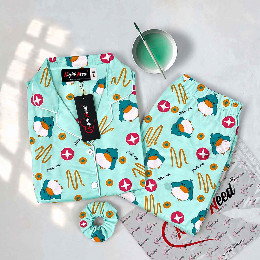 Imported Premium Linen Printed Light Blue Duck Pj Set - PL2