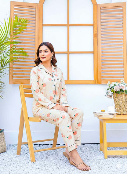 Imported Linen Printed Peach Printed PJ Set-LP29