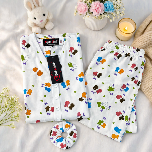 Rabbit & Cherry Printed Crinkled Cotton Night Suit