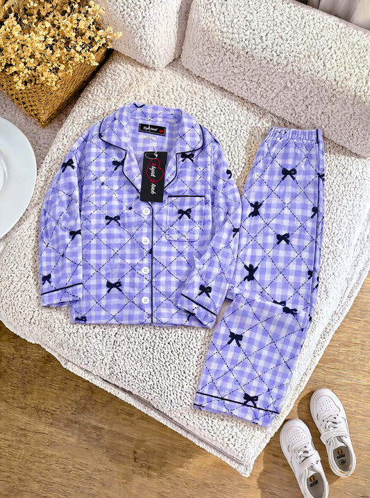Kids Purple & Black Bow Printed Crinkled Cotton Night Suit
