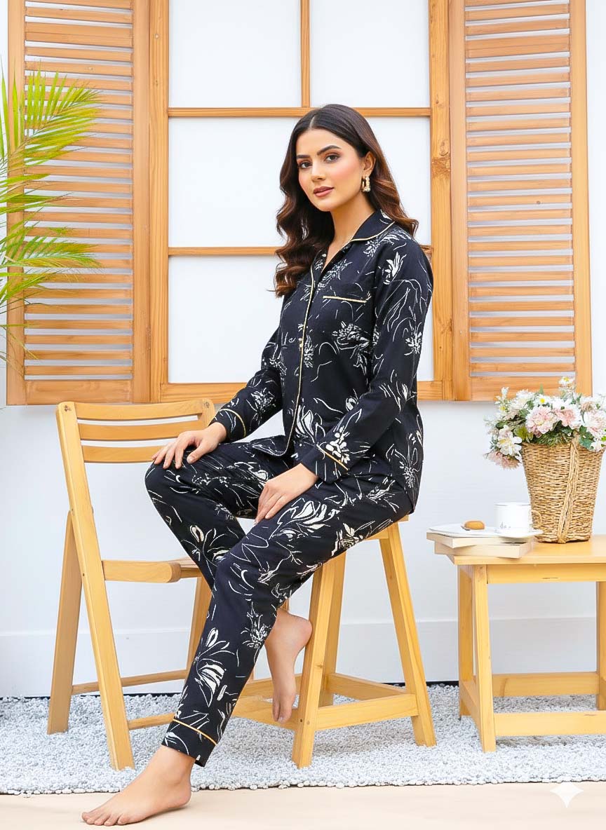 Imported Linen Printed Black Shade PJ Set-LP13