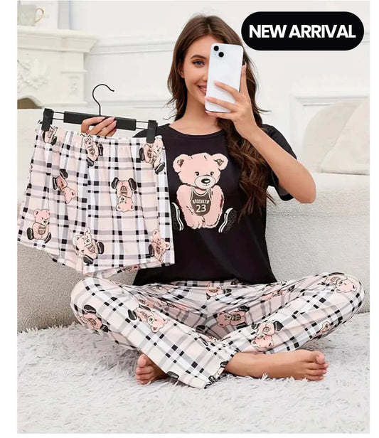 Noise Cotton 3 Piece Printed Night Suitt Check Panda