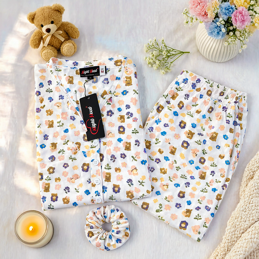 Floral & Bear Printed Crinkled Cotton Night Suit