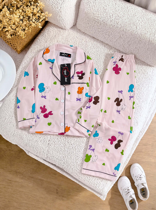 Kids Rabbit & Cherry Printed Crinkled Cotton Night Suit
