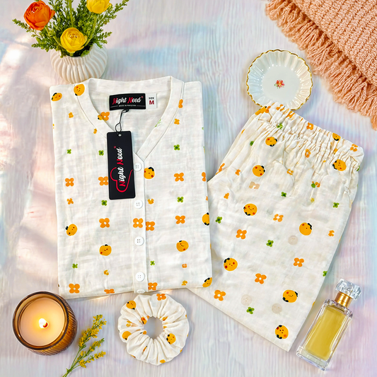 Yellow Smiley Faces Printed Crinkled Cotton Night Suit