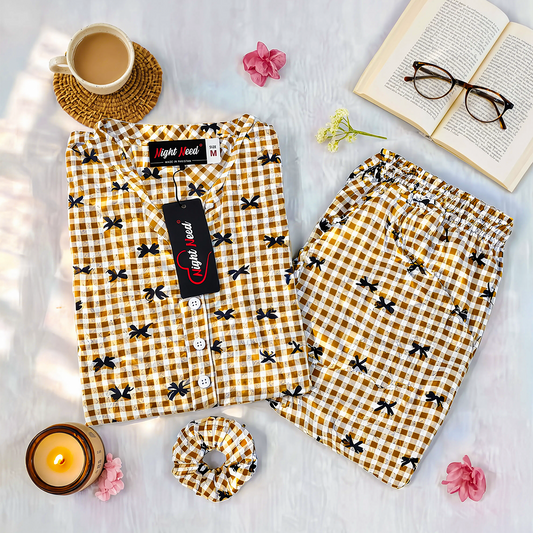 Brown Checkered Bow Printed Crinkled Cotton Night Suit