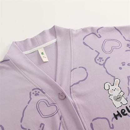 Purple Bunny V-Neck Button Printed Night Suit
